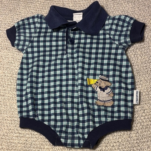 healthtex Other - Vintage 80s/90s HealthTex Baby Romper Gingham Navy Embroidered Sailor Dog